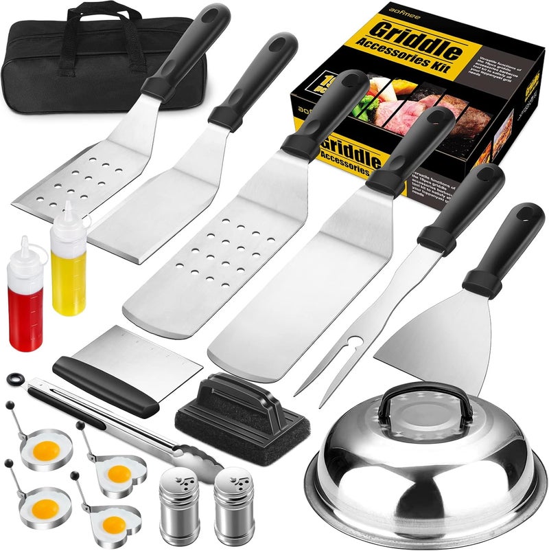 Aofmee Griddle Accessories Kit, 19 Pcs Flat Top Grill Accessories Set for Blackstone and Camp Chef, Griddle Tools Set with Basting Cover, Spatula, Scraper, Bottle, Tongs, Egg Ring for Outdoor BBQ and Camping - Image 1